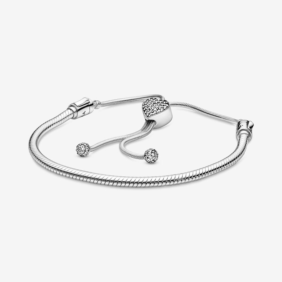 Pandora Moments Pavé Heart Clasp Snake Chain Slider Bracelet