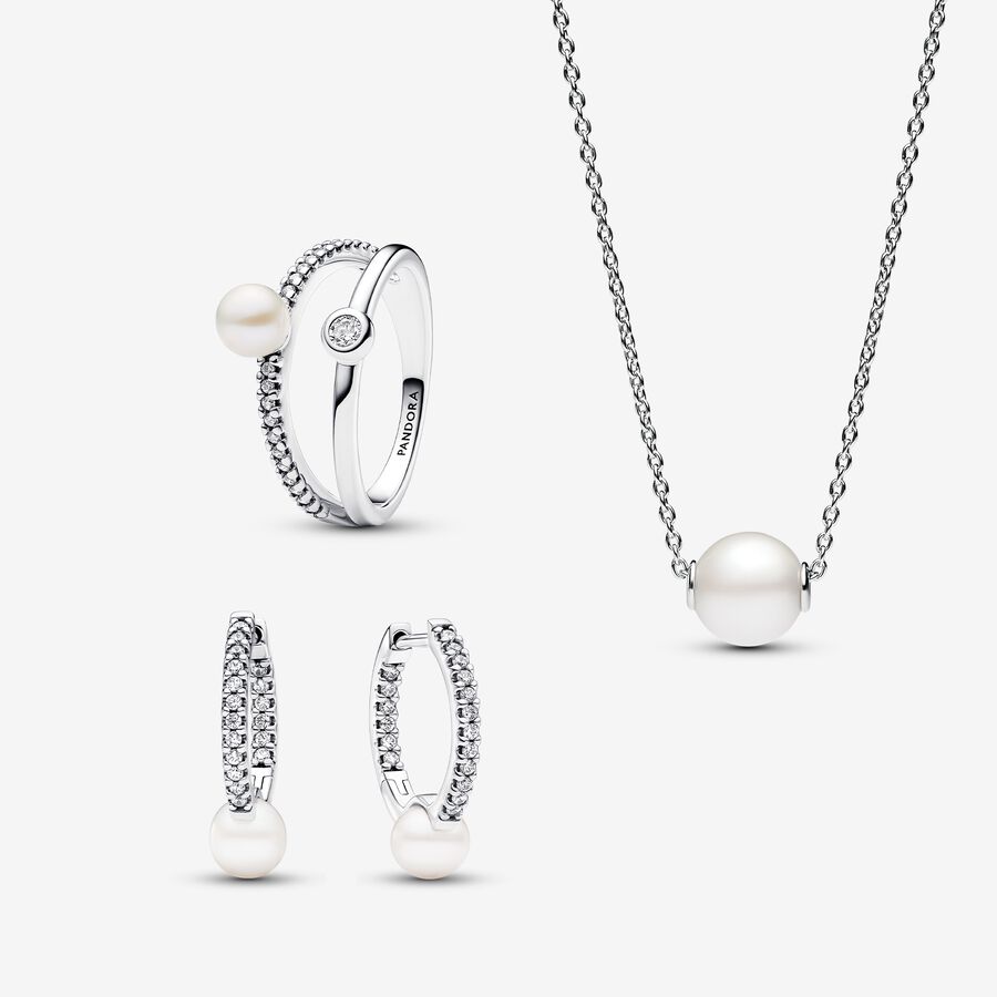 Treated Freshwater Cultured Pearl & Pavé Earring, Necklace, and Ring Set